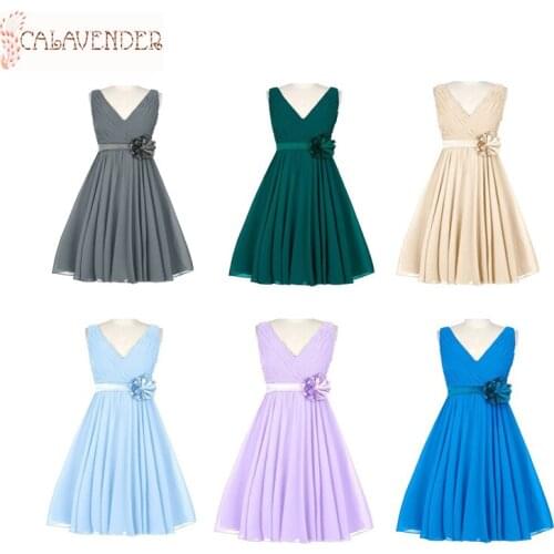 Blue Bridesmaid Dresses A-Line V-Neck Maid of Honor Dress Sash Bodice Short Dresses for Wedding with Handmade Flowers