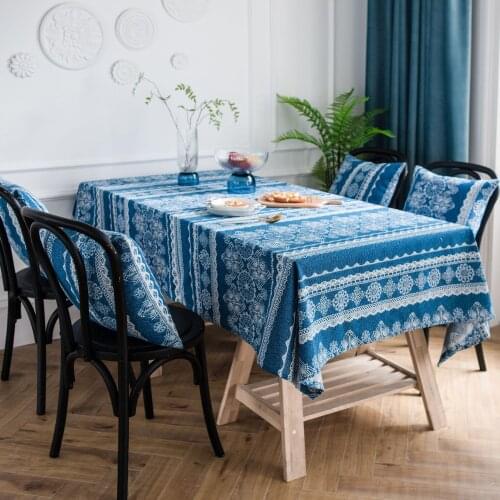Vintage Blue Lace Printed Tablecloth Cotton and Linen Picnic lanket White Paper ackground Cloth Coffee Shop