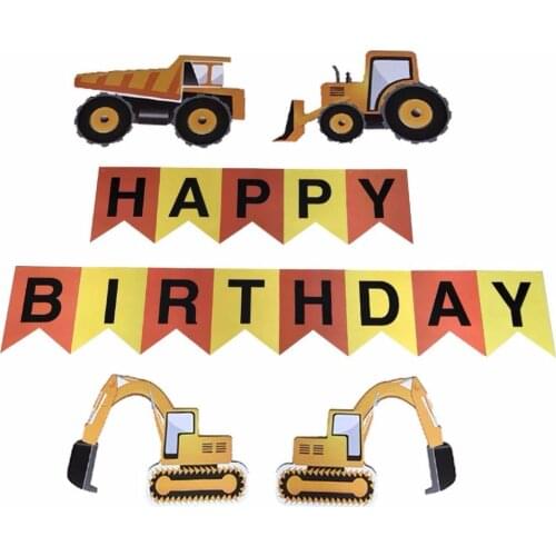 Construction Vehicle Happy Birthday Banner Excavator Bulldozer Truck Paper String flags Bunting for kids birthday Party Decor