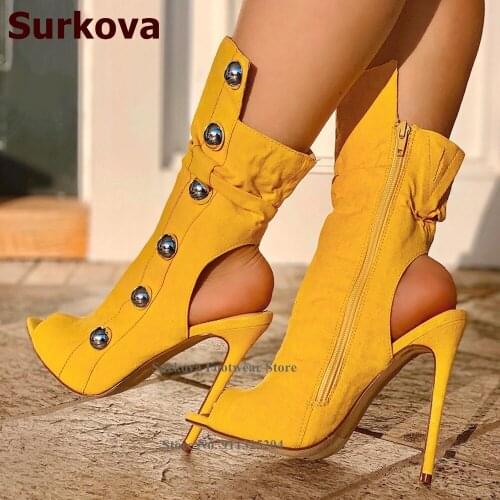 Surkova Yellow Suede Round Metallic Button Ankle Boots Women Stiletto Heel Open Toe Short Boots Exposed Heel Elegant Dress Shoes