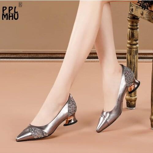 Gun Color PU Leather Pointed Toe Shallow Casual Low Heels Luxury Rhinestone Non-Slip Office Shoes Solid Women Single Shoes