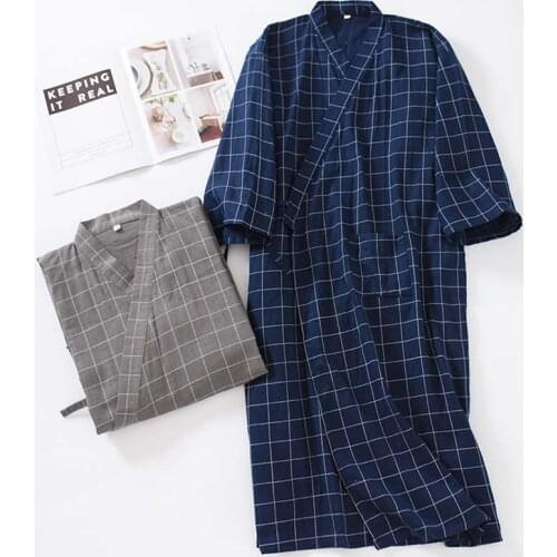 Japanese Kimono Nightgown Cotton Double Layer Crepe Cloth Moisture Wicking Yukata Men Pajamas Home Service Neutral Bathrobe