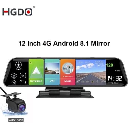 HGDO 12'' 4G Car DVR Android 8.1 Camera Stream Media Rear View Mirror 1080P WiFi GPS Dash Cam Video Recorder on Centre Panel
