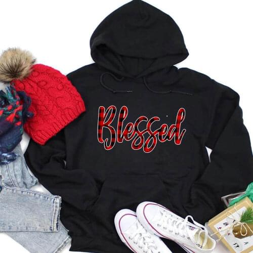Blessed Plaid Printed 100%Cotton Women Hoodies Blessed Clothes Christian Spring Autumn Casual Pullovers Long Sleeve Hooded Top