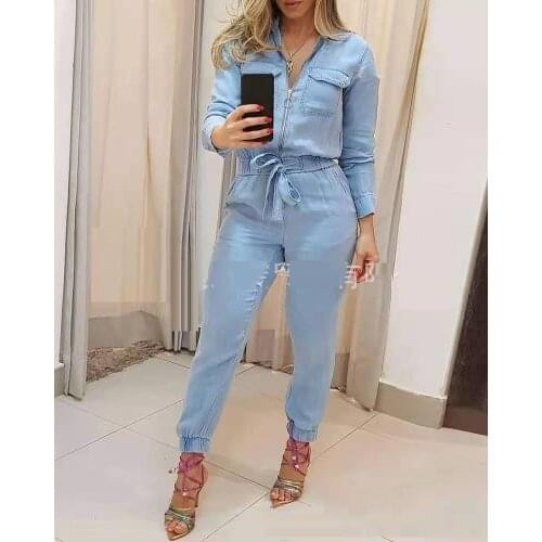 Elegant casual front zipper pocket long sleeve waist lace-up jumpsuit fall 2021 blue one piece outfit combinaison femme