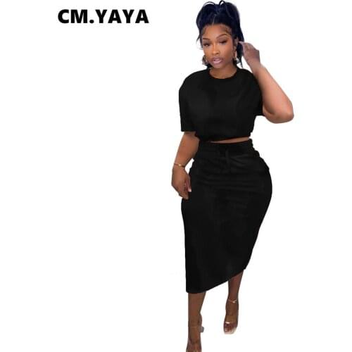 CM.YAYA Women Skirts Sets Solid Crop Tops+skinny Midi Skirts Two 2 Piece Set Casual Skirt Suit Fashion Casualwear Summer Outfits