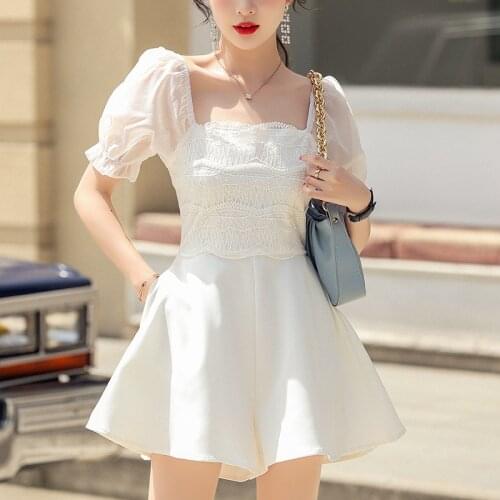 White Jumpsuit Women 2021 Summer Lace Square Neck Puff Sleeve Slim Jumpsuit Wide Leg Shorts Chic Pocket Romper Overalls Shorts