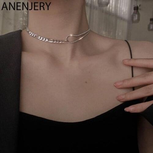 ANENJERY 925 Sterling Silver Asymmetric Zircon Chain Necklace for Women Simple Stitching Clavicle Chain Trend Jewelry S-N259