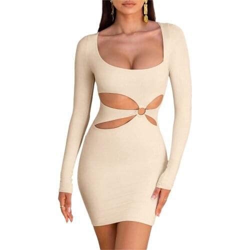 Women Long Sleeve Mini Dress Solid Color U-shaped Collar Short Bodycon Dress Waist Hollow Out Ladies Sheath Club Mini Dress