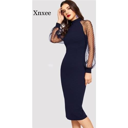 Summer Spring Womens Black or Blue Pencil Tight Dress Jacquard Contrast Mesh Lantern Sleeve Spring Womens Long Sleeve Solid Co
