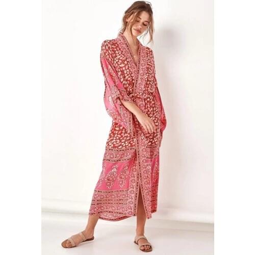 Artfeel Summer New 2 Colors Print Kimono dress Women Slim Longuette Boho Vintage Loose Lady dress Lace up