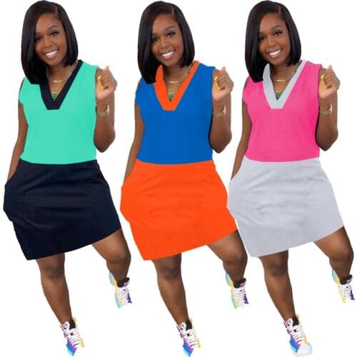 2021 Summer Trendy Contrast Colors Women Casual Dress Sexy V Neck Sleeveless Fashion Pocket Short Dresses New Arrivals Girls