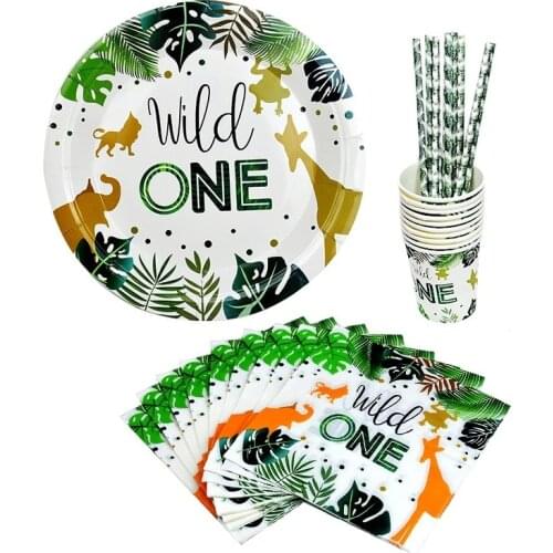 50Pcs/Set Disposable Tableware for 10 Guests Wild One Paper Plates Cups Napkins Straw Jungle Birthday Party Decorations Supplies
