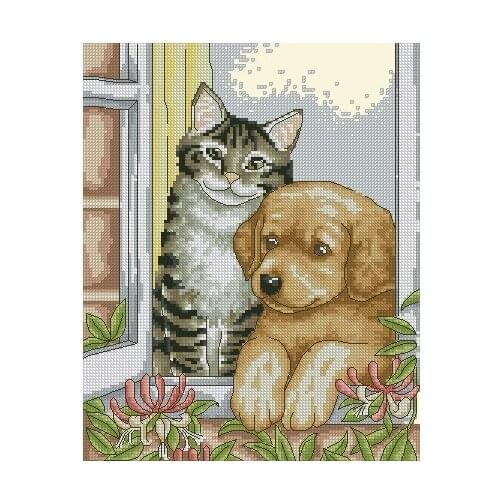 Free delivery Top Quality lovely counted cross stitch kit cat and dog look at the window, kitty and dog animal