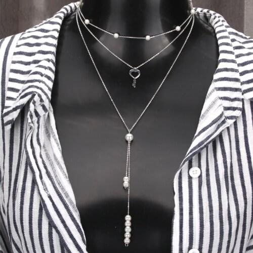 Boho Fashion Women Y Shape Multilayer Long Artificial Pearls Pendant Tassel Metal Heart Key Necklace Choker Wedding Jewelry Gift