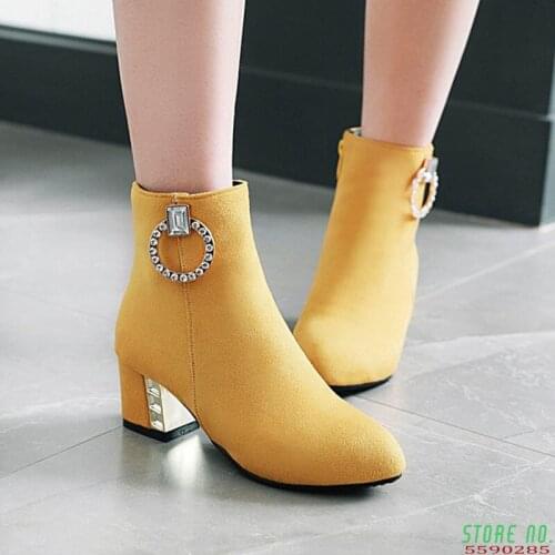 Women yellow shoes woman crystal Buckle Short Booties Ladies large Size ankle boots for women suede botines mujer spring