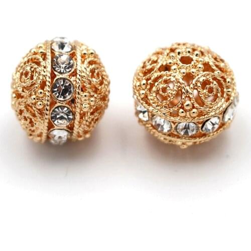 Dubai Gold African Spacer Beads Hollow Ball Connectors Paved Rhinestone DIY Findings for Nigerian Men Women Wedding Jewelry Set