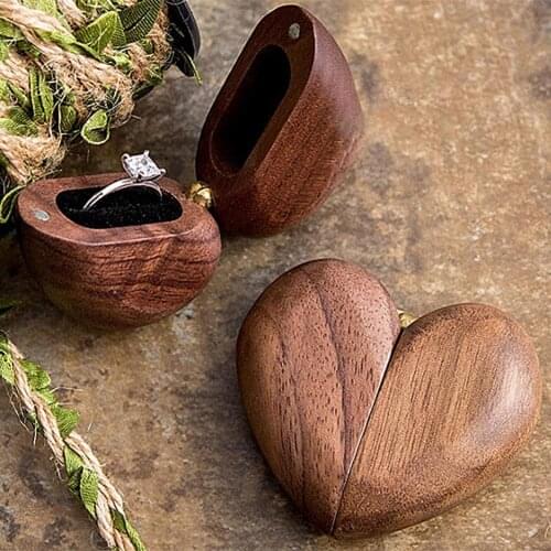 Heart Shaped Ring Box Wooden Storage Case Wedding Proposal Jewelry Container