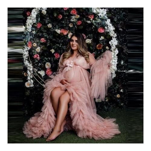2021 Elegant Pink Tulle Pregnancy Photo Shoot Dresses Long Sleeves With Satin Waist Bow Maternity Gowns Robes