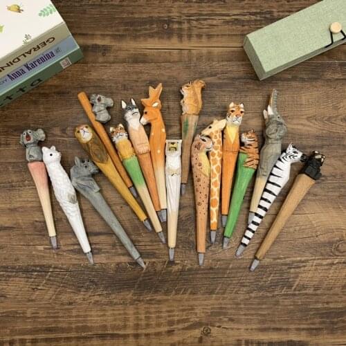 Animal Category Gel Pen Forest Beast Shape Signature Pen Craft Wood Carving Pen Handmade Pen Solid Wood Pen Dog Deer Elephant