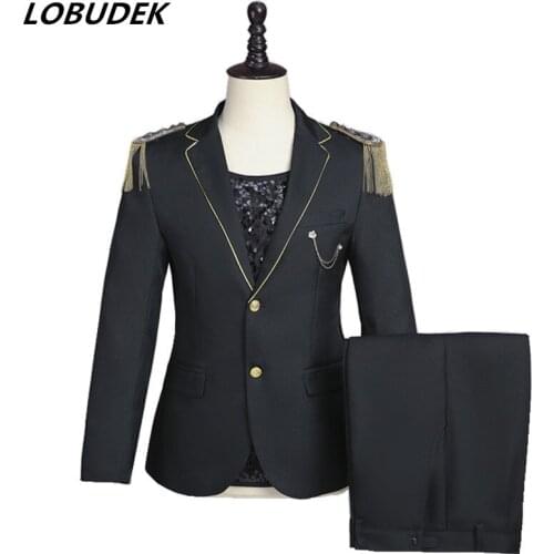 Korean Style Men Wedding Dancer Groups Suits Tassel Epaulet Military Blazer Pants 2-Piece Bar Concert Singer Host Stage Costume