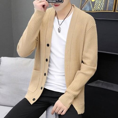 2021 Mens Spring and Autumn New Knitted Cardigan Youth Solid Color Casual Loose Outer Sweater