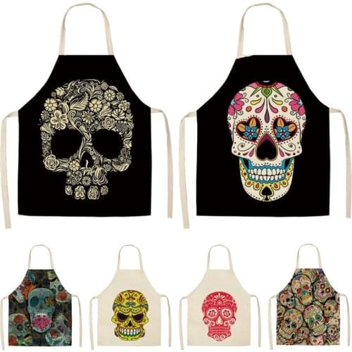 1Pcs Skull Pattern Kitchen Apron for Cooking Sleeveless Cotton Linen Aprons Adult Bibs Home Cleaning Accessories 53*65cm MC0026