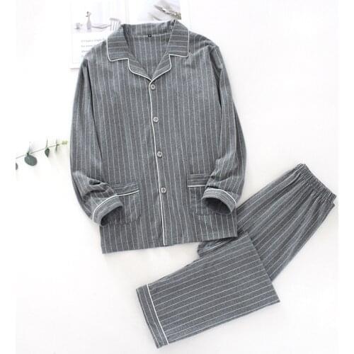 New Lovers Cotton Long-sleeved Pajama Set Autumn and Winter Striped Loose Leisure Autumn Home Clothes 2 Piece Sleeping Sleepwear