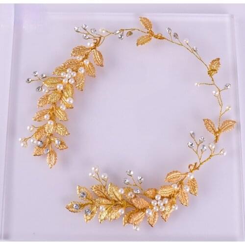 New golden leaf handmade wedding headband wedding crystal pearl hair accessories wedding dress accessories