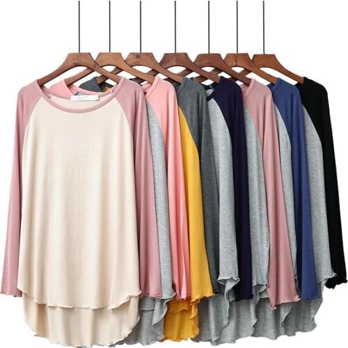 New Spring Modal Womens Pajamas Comfortable Round Neck Casual Raglan Hit Color Long-sleeved T-shirt Loose Bottoming Shirt