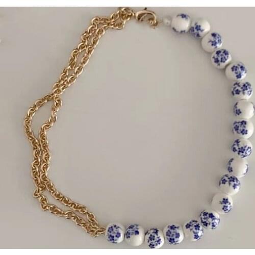 Handmade color printing beaded metal charm chain beautiful lady short necklace neck fashion accessory exquisite jewelry gift