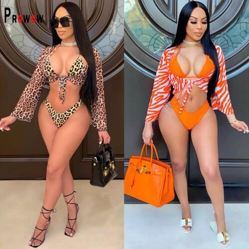Prowow Sexy Leopard 3pcs Women Bikini Set Lace Up Bra Panty Cover-up Swimsuit 2021 New Summer Fashion Lady Beach Wear Swimwear