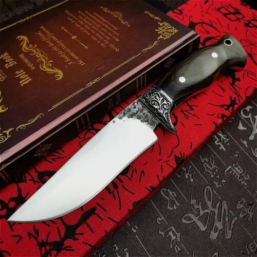 PEGASI Vacuum forging integrated steel mirror light tactical straight knife ebony handle for outdoor hunting straight knife