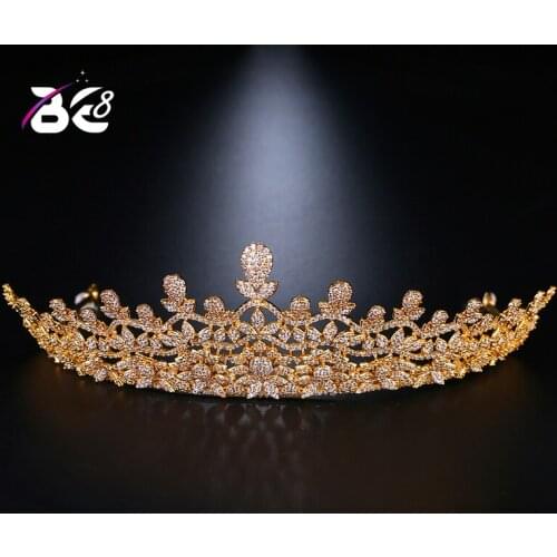 Be 8 Luxury Micro Paved Full Cubic Zircon Gold Color Crown Wedding Hair Accessories BrideTiara CZ Coroa Novia Bijoux CheveuxH055