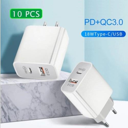 10 PCS 18W PD Charger Type C Port US EU AU Plug Mobile Phone QC 3.0 USB Quick Charge For iP Samsung Huawei Xiaomi USB C PD Port