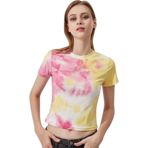 Womens O-Neck Tie-dyed Summer Tee Shirt Casual Sexy Navel Exposed Short-Sleeved Tshirt Tops