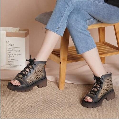 Summer New China Style Retro Thick Heels Peep Toe Cut Out Sewing Handmade Genuine Leather Women Ankle Short Gladiator Boots 2021