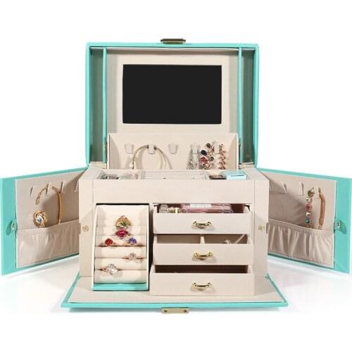 Women Jewelry Storage Organizer Drawers Box Travel Makeup Cosmetic Case & Mirror Leather Wedding Decoration Gift For Her