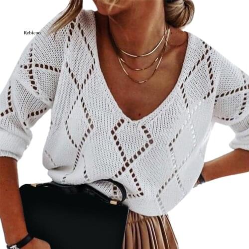 Autumn Womens Sweater Knitwear Hollow out V neck Long Sleeve Casual Pullovers Knitted Women Clothing Loose Sweater Female