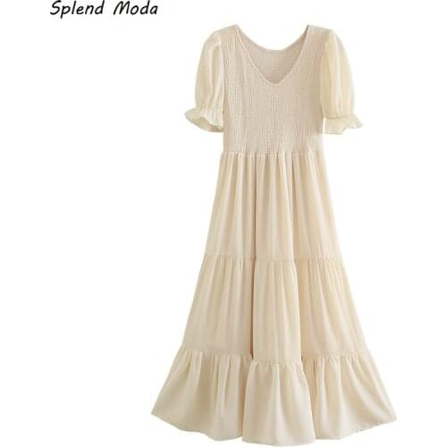 Splend Moda 2021 Summer Chic Elastic Chest Folds Edible Tree Fungus Women Puff Sleeves V-Neck High-Waist Dress Solid Color