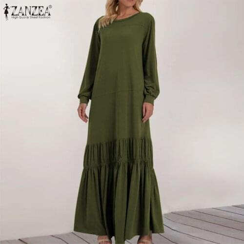 Female Fashion Autumnn Elegant Maxi Dress ZANZEA O Neck Patchwork Ruffle Robe Femme Women Solid Puff Sleeves Vestidos Plus Size