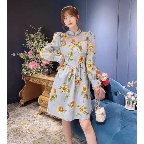 Newest Fashion Womens Dress 2021 Autumn Winter Party Ladies Stand Neck Beautiful Flower Print Beading Long Sleeve Blue Dress