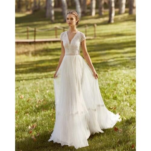 V-Neck Wedding Dresses Cap Sleeve Lace Chiffon Sweep Train A-Line Backless Bridal Dress Arabic Wedding Gowns vestido novia