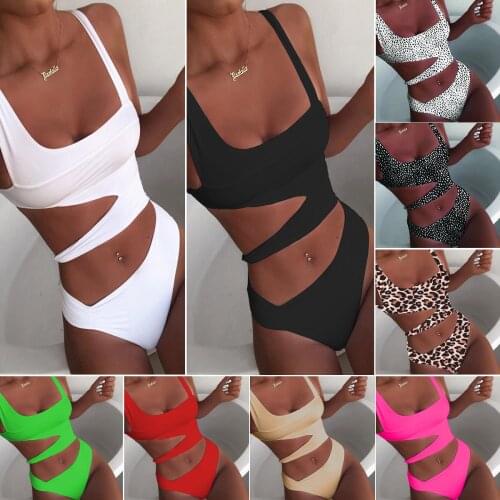 2020 Sexy Women One-Piece Swimsuit Female Swimwear Bandage Leopard Hollow Out Brazilian Monokini Bathing Suit Women