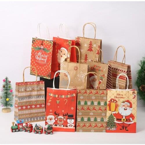 3Pcs Khaki Christmas Gift Bags Santa Kraft Paper Bag with Handle Christmas Gift Package Party Candy Bags Xmas Decor Storage