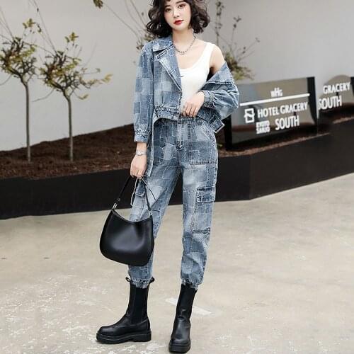 European Goods Tooling Denim Suit Women 2021 Spring Autumn Trend Fashion Denim Short Jacket Denim Trousers Casual Two-piece Suit