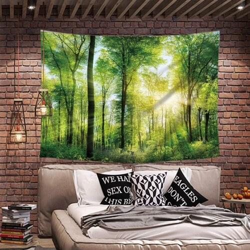 Green Forest Tapestry Nature Wooden Charcoal Tree Spring Sunlight Beauty Orange Sunshine Wall Hanging
