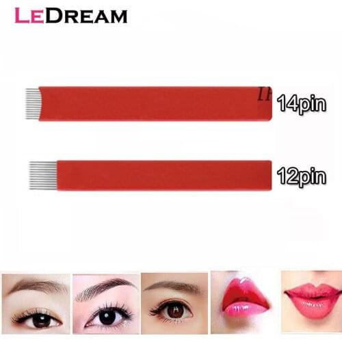 10PCS/lot 0.25mm Red 12/14 Pin Flat Shading Microblading Tattoo Needles Permanent Makeup Manual Eyebrow Blade Microblade Needles