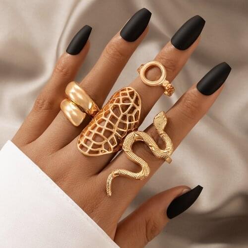Docona 4pcs/set Vintage Cobra Shape Rings for Women Geometry Hollow Snake Metal Alloy Gold Ring Set Party Jewelry Anillos 19665