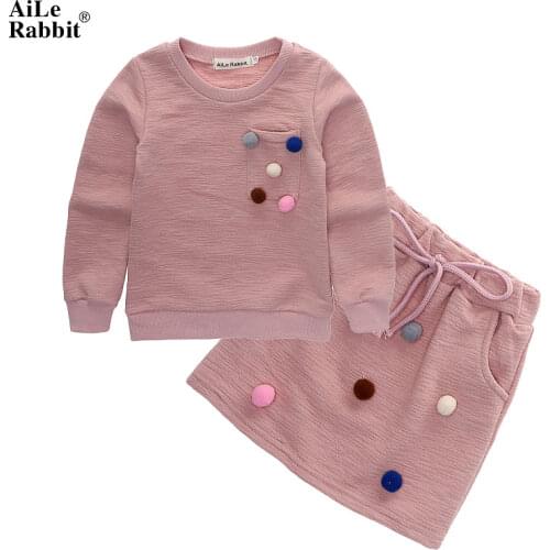 AiLe Rabbit Girls Clothes Set Fashion Long-sleeved Shirt Skirt 2 Pieces of Color Wool Ball Childrens Clothing Boutique k1